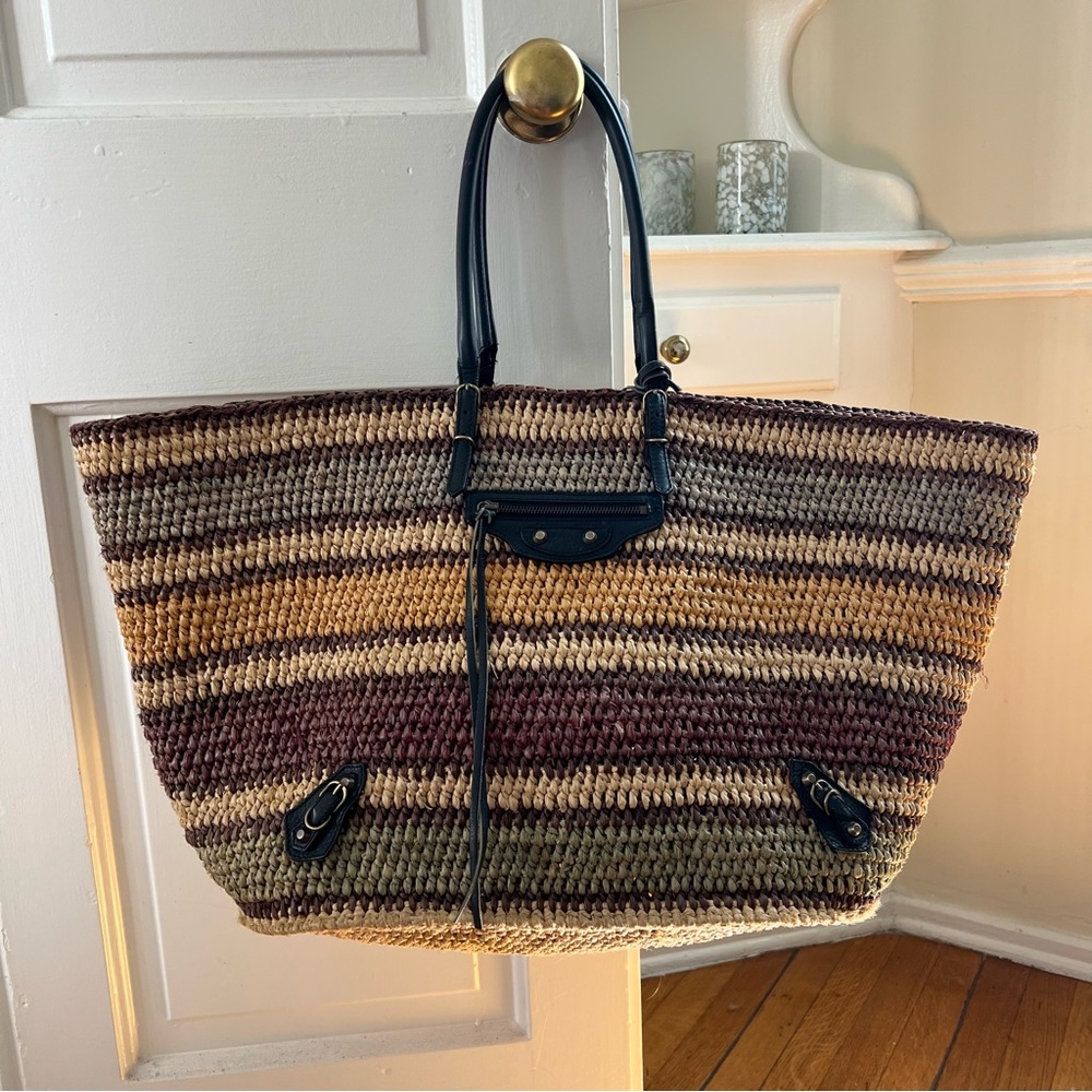 Balenciaga Striped City Straw Tote Bag